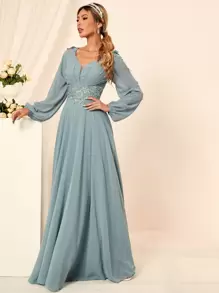 Modelyn Lace Trimed Appliques Maxi A-line Dress - Dusty Blue - View 3