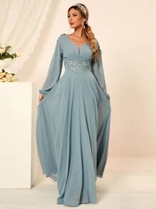 Modelyn Lace Trimed Appliques Maxi A-line Dress - Dusty Blue - View 4