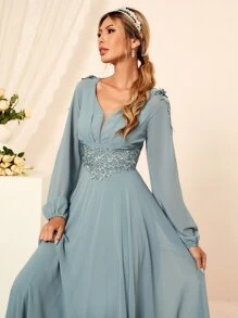 Modelyn Lace Trimed Appliques Maxi A-line Dress - Dusty Blue - View 5