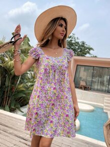 SHEIN VCAY Vestido Babydoll Con Ribete Floral Y Volantes - Multicolor - Ver 4