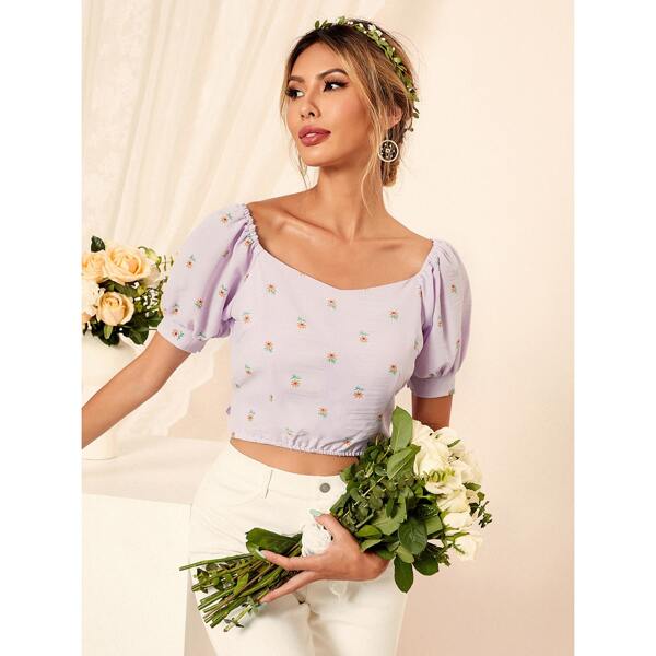 

Floral Sweetheart Neck Tie Back Blouse, Lilac purple