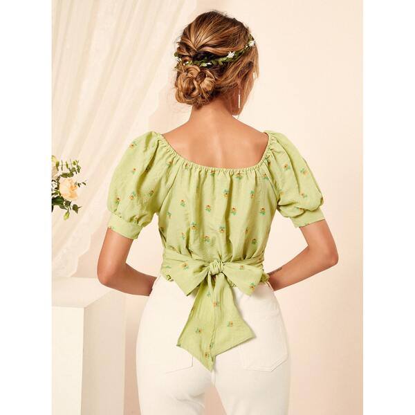 

Ditsy Floral Print Sweetheart Neck Tie Back Blouse, Lime green