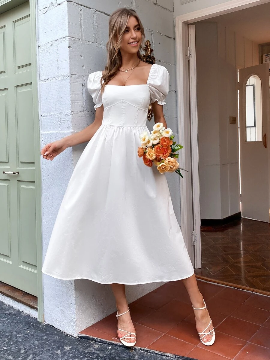 Aveloria Square Neck Puff Sleeve Shirred Back Dress - White - View 1