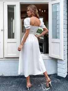 Aveloria Square Neck Puff Sleeve Shirred Back Dress - White - View 2