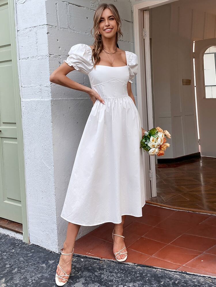 Aveloria Square Neck Puff Sleeve Shirred Back Dress - White - View 3