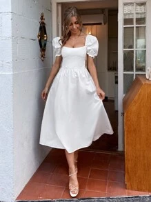 Aveloria Square Neck Puff Sleeve Shirred Back Dress - White - View 4