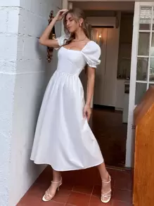 Aveloria Square Neck Puff Sleeve Shirred Back Dress - White - View 5
