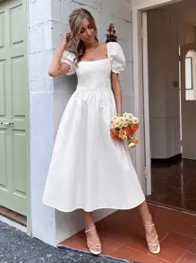 Aveloria Square Neck Puff Sleeve Shirred Back Dress - White - View 6