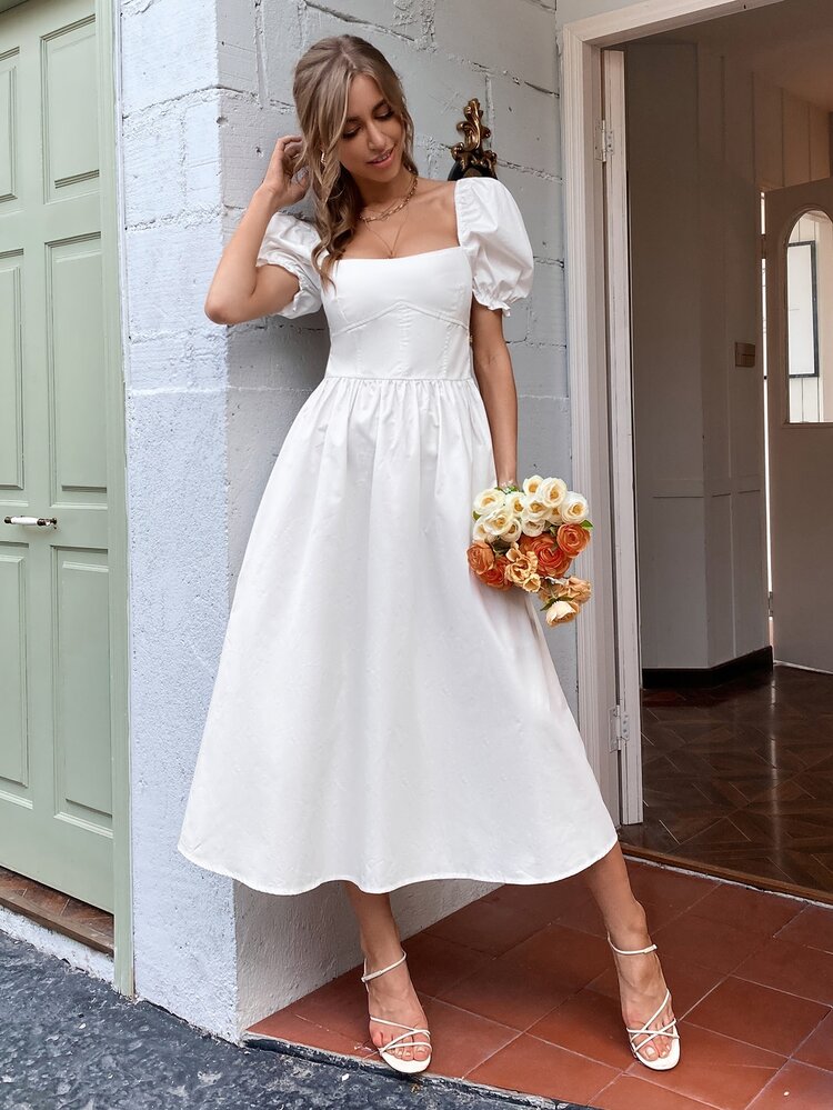 Aveloria Square Neck Puff Sleeve Shirred Back Dress - White - View 6