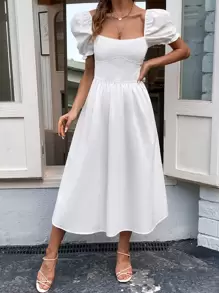 Aveloria Square Neck Puff Sleeve Shirred Back Dress - White - View 7