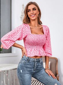 SHEIN Unity Allover Floral Shirred Peplum Blouse - Pink - View 1