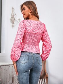 SHEIN Unity Allover Floral Shirred Peplum Blouse - Pink - View 2
