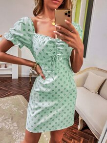 GENKIRA Đầm Dây kéo Họa tiết hoa Boho - Màu xanh Bạc hà - Xem 1