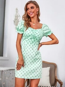 GENKIRA Đầm Dây kéo Họa tiết hoa Boho - Màu xanh Bạc hà - Xem 3