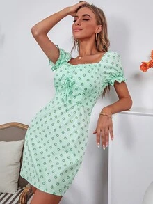 GENKIRA Đầm Dây kéo Họa tiết hoa Boho - Màu xanh Bạc hà - Xem 6