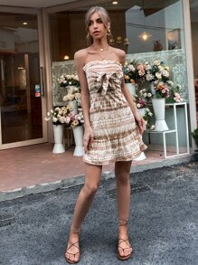 Tie Dye Tie Front Shirred Back Tube Dress - Multicolor - View 5