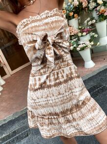 Tie Dye Tie Front Shirred Back Tube Dress - Multicolor - View 7