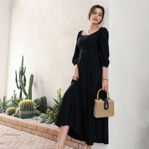 

Solid Scoop Sleeve Dress, Black