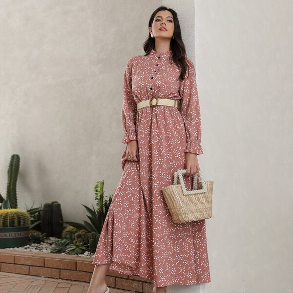 

Ditsy Floral Flounce Sleeve A-line Dress, Pink