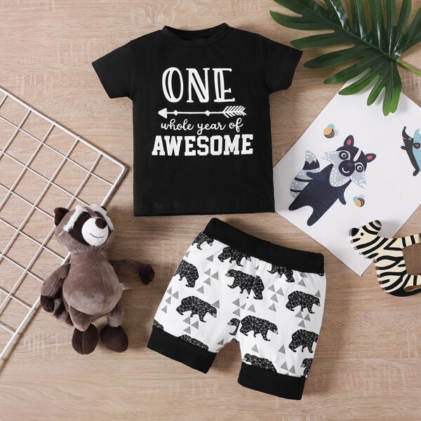 

Toddler Boys Letter Graphic Tee With Shorts, Black and white