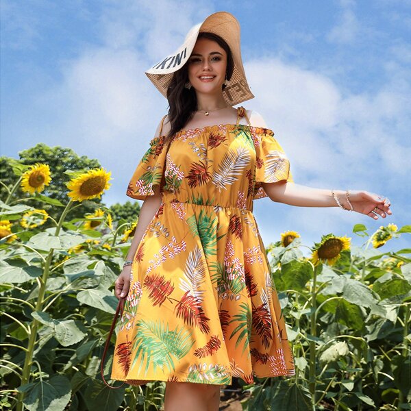 

Plus Plants Print Cold Shoulder A-line Dress, Mustard yellow
