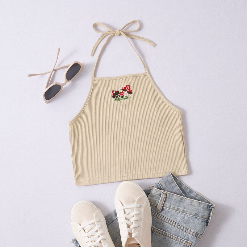 

Mushroom Embroidery Ribbed Halter Top, Beige