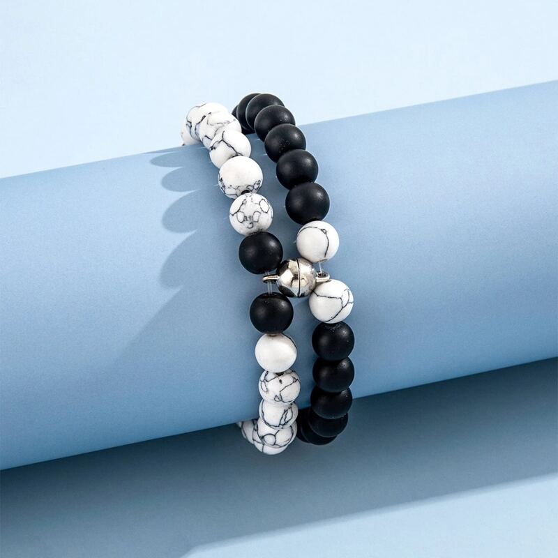 

2pcs Marble Pattern Beaded Bracelet, Black and white