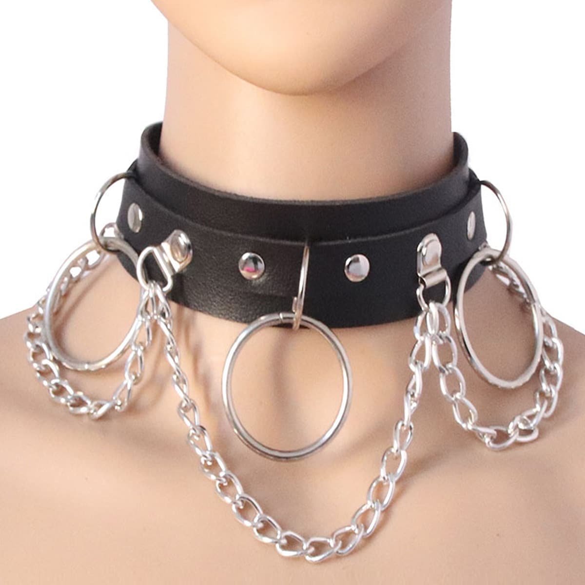 

Ring & Chain Decor Choker, Silver