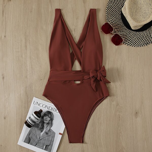

Knot Detail Plunging One Piece Swimsuit, Redwood