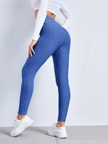 SHEIN EZwear 寬腰帶紋理緊身褲 - 寶藍色 - 查看 2