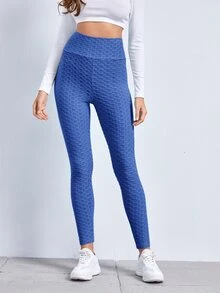 SHEIN EZwear 寬腰帶紋理緊身褲 - 寶藍色 - 查看 4