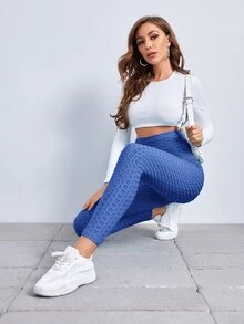 SHEIN EZwear 寬腰帶紋理緊身褲 - 寶藍色 - 查看 5