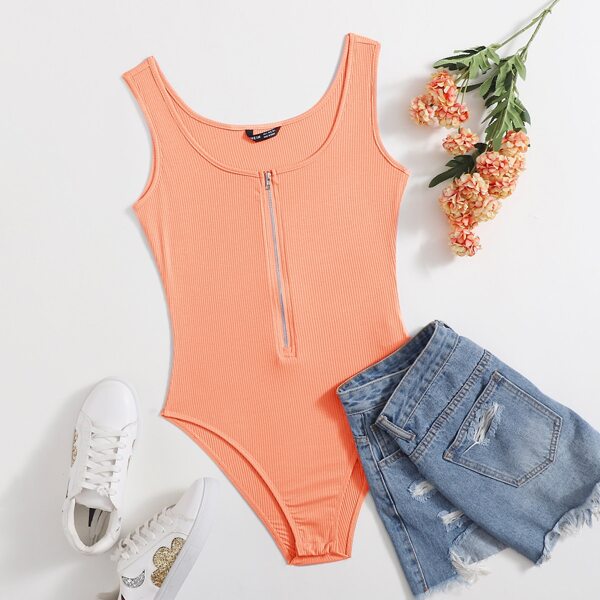 

Zipper Front Rib-knit Tank Bodysuit, Coral pink