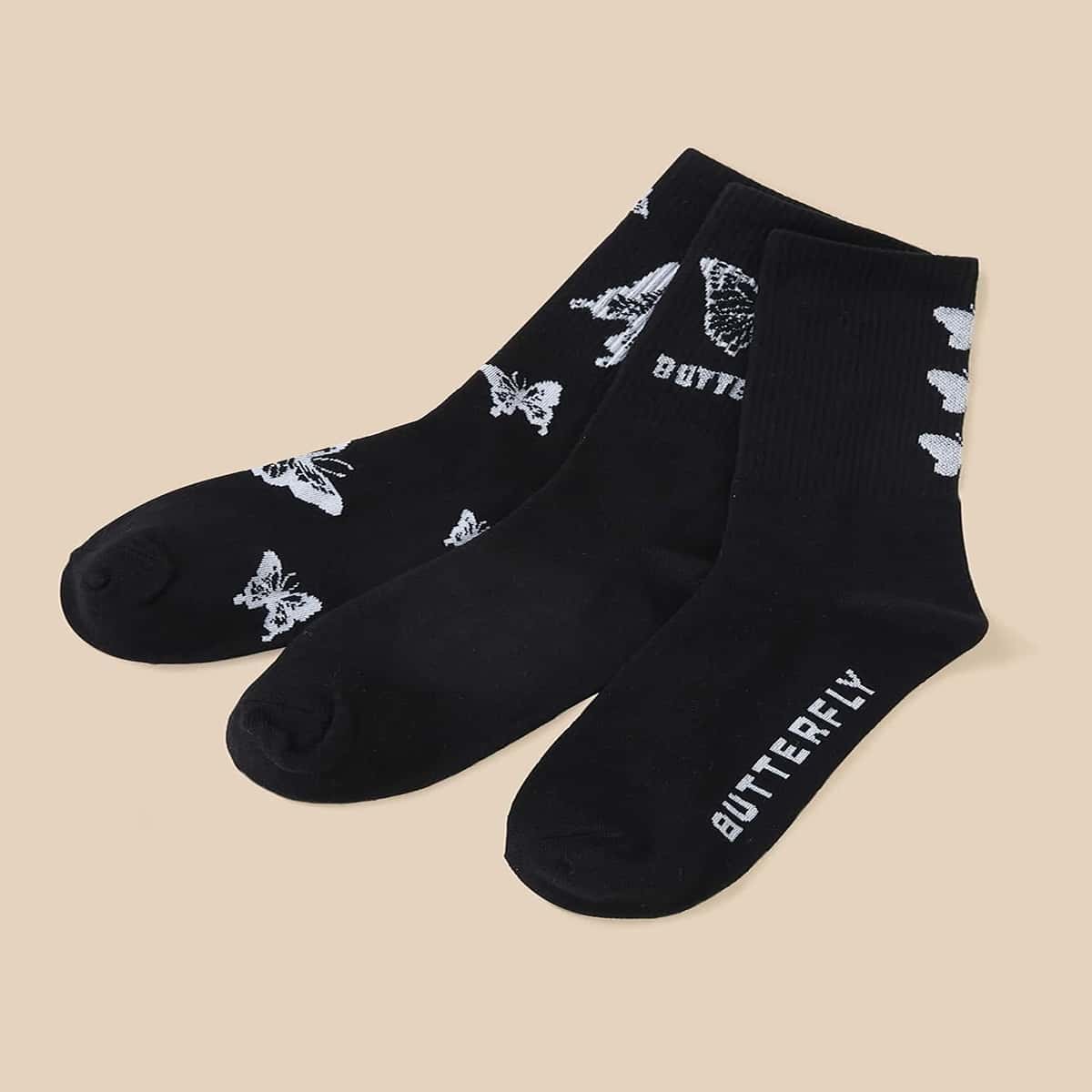 

3pairs Butterfly Crew Socks, Multicolor