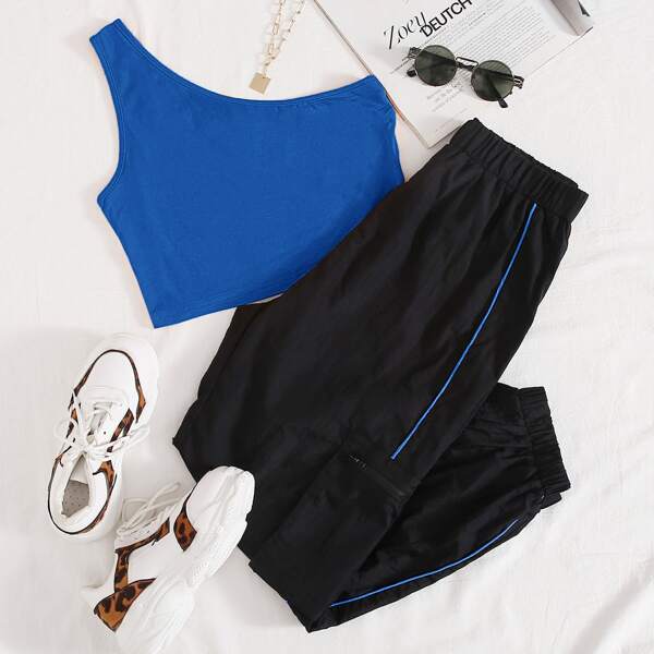 

One Shoulder Top and Contrast Tipping Wind Pants Set, Multicolor