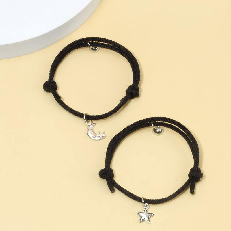 

2pcs Star & Moon Rope Bracelet, Black