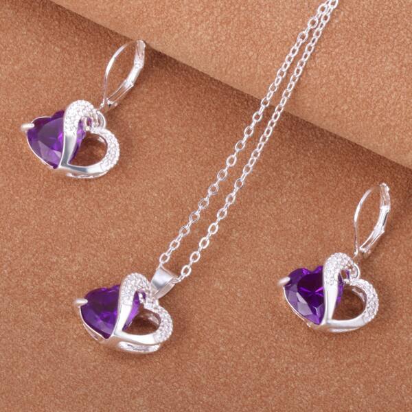 

3pcs Rhinestone Heart Decor Jewelry Set, Purple