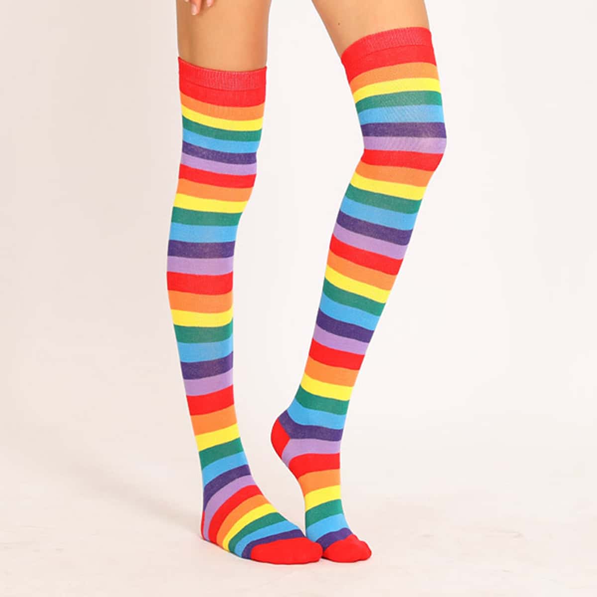 

Rainbow Striped Over The Knee Socks, Red