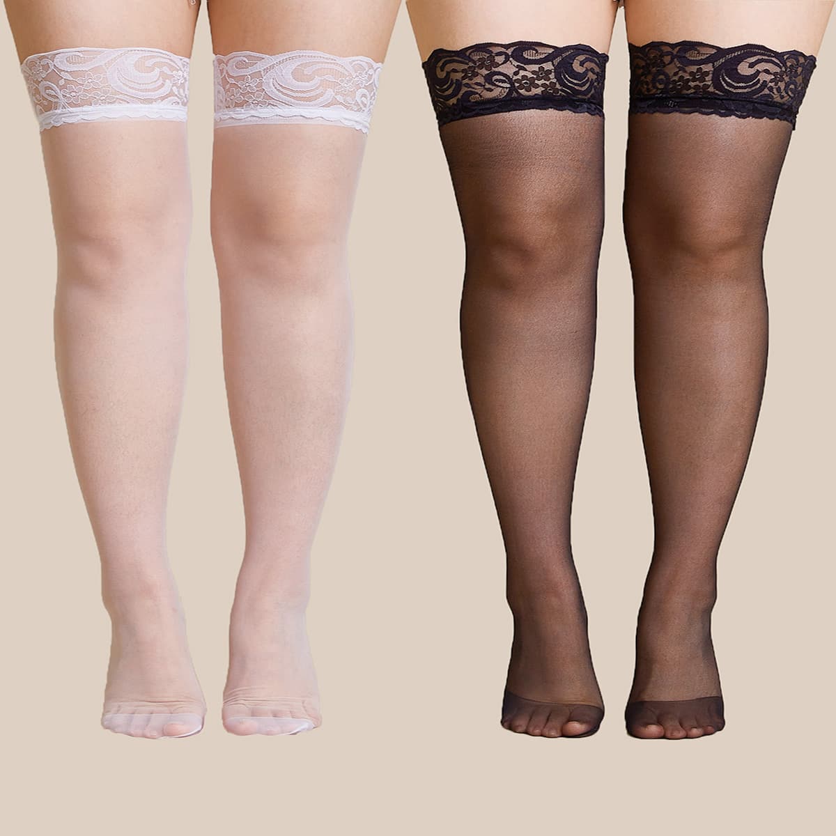 

2pairs Flower Pattern Stockings, Black and white