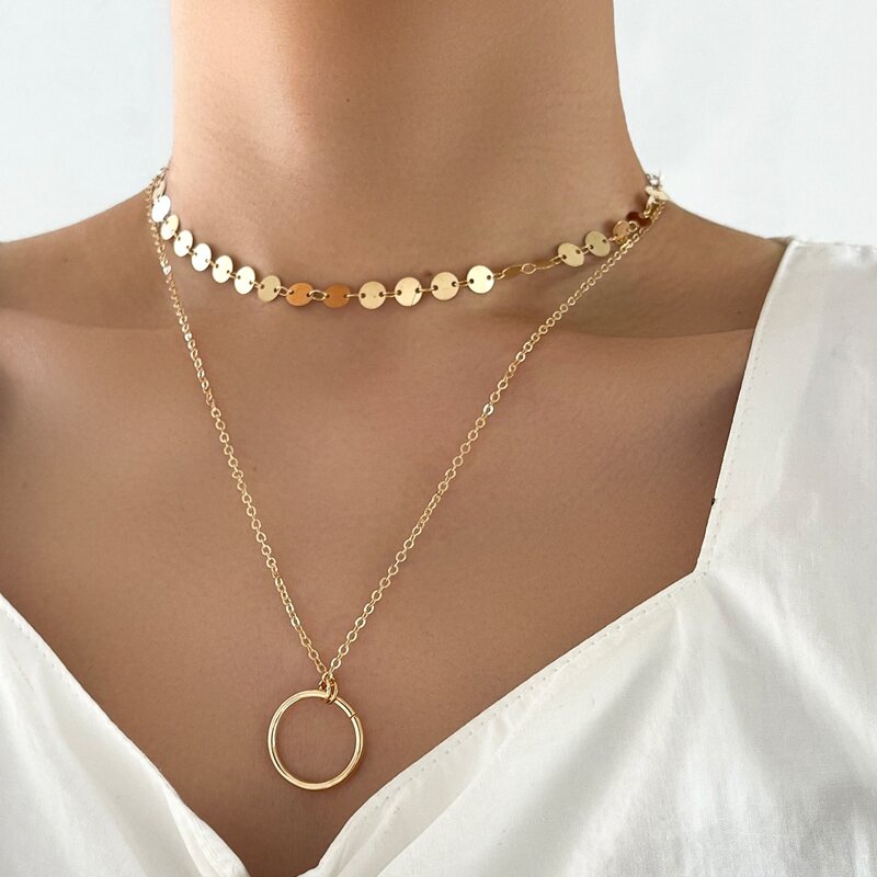 

Ring & Disc Double Layered Necklace, Gold