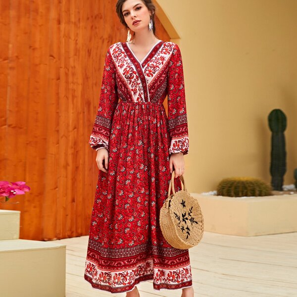 

V-neck Floral Print A-line Dress, Red