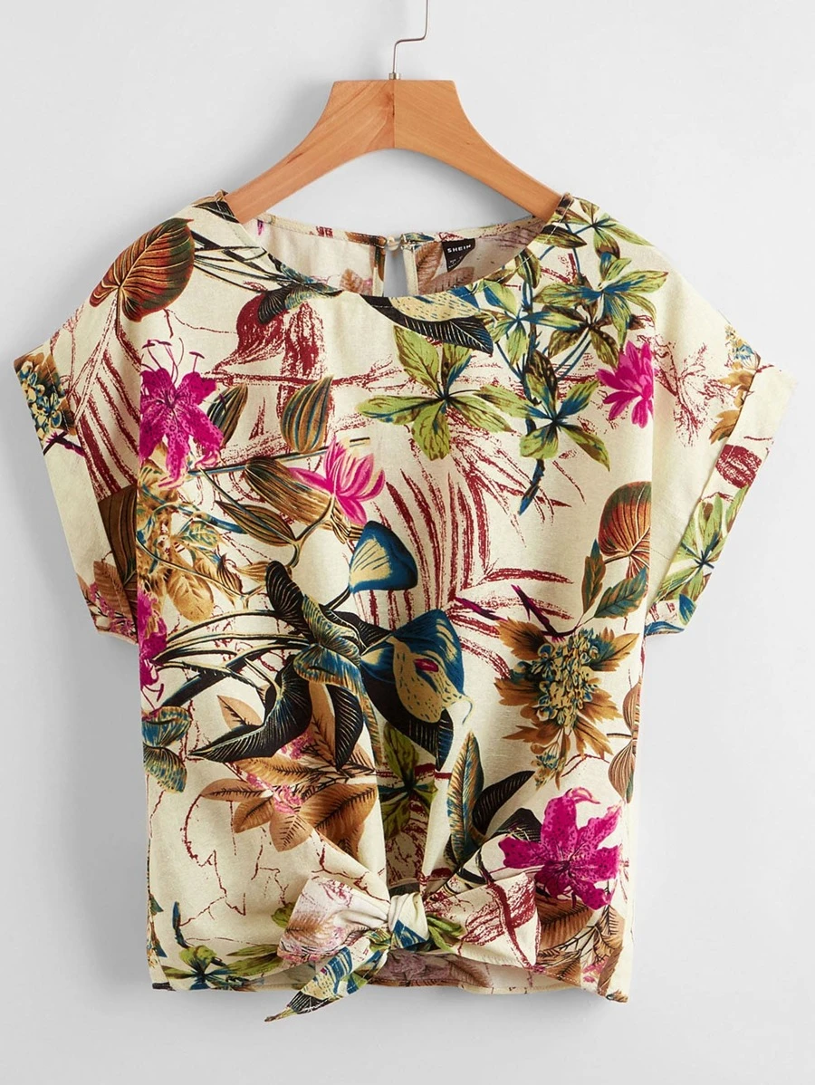 SHEIN LUNE Top bajo con nudo con estampado tropical