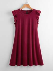 SHEIN Clasi 荷葉邊袖口素色連衣裙 - 酒紅色 - 查看 1