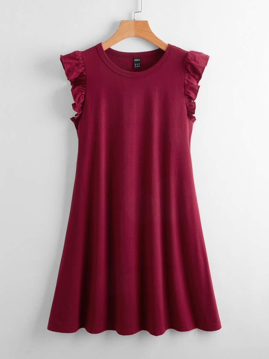 SHEIN Clasi 荷葉邊袖口素色連衣裙 - 酒紅色 - 查看 1