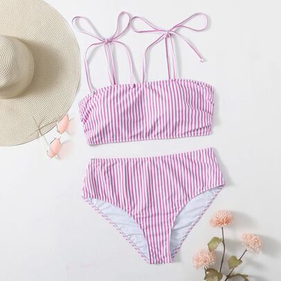 Plus Striped Tie Shoulder Bikini Swimsuit