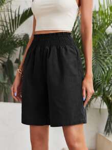 SHEIN EZwear Elastic Waist Wide Leg Shorts - Black - View 1