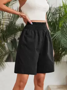 SHEIN EZwear Elastic Waist Wide Leg Shorts - Black - View 4