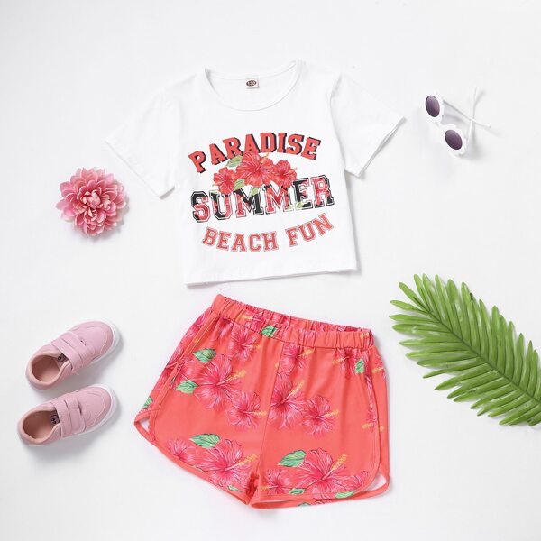 

Girls Letter Graphic Tee With Floral Shorts, Red and white