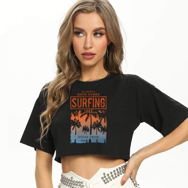 

Tropical And Letter Graphic Crop Tee, Black