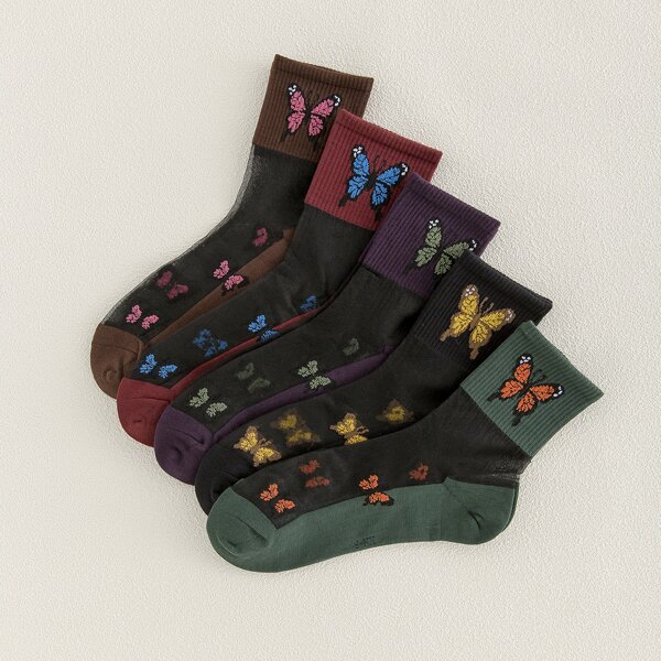 

5pairs Butterfly Pattern Crew Socks, Multicolor